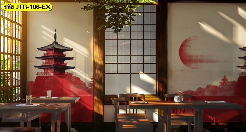 วอลเปเปอร์ศาลาญี่ปุ่นโทนแดงหม่น เติมความนิ่งสงบแบบมินิมอล เหมาะกับร้านและพื้นที่นั่งสงบ