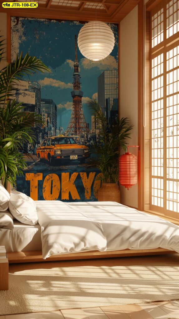 วอลเปเปอร์เมืองและหอคอยโทนฟ้าน้ำเงิน สร้างบรรยากาศสดชื่นเข้ากับห้องญี่ปุ่นแบบเรียบง่ายได้ดี
