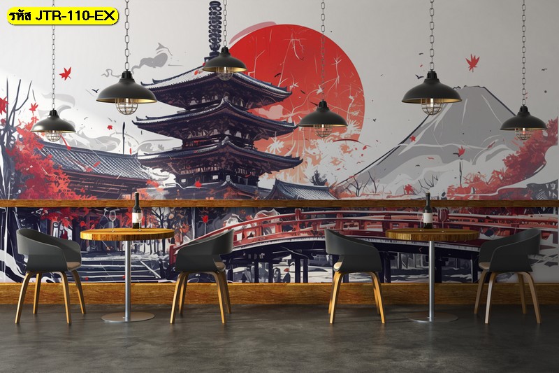 วอลเปเปอร์ศาลาภูเขาสไตล์ญี่ปุ่น สีแดงดำ สร้างบรรยากาศดั้งเดิมที่มีพลังและจุดโฟกัสเด่นชัด