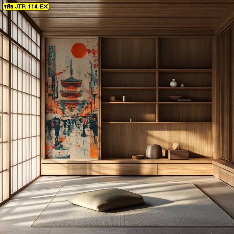 วอลเปเปอร์ถนนหน้าวัดเซนโซจิ พร้อมเจดีย์ญี่ปุ่นเด่นชัด โทนศิลป์ร่วมสมัย เหมาะกับร้านราเมง ซูชิบาร์ ห้องชงชา หรือโซนพักผ่อนในบ้าน