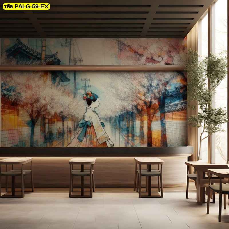 วอลเปเปอร์ลายเส้นหญิงสาวท่ามกลางถนนดอกไม้ ถ่ายทอดความอ่อนหวาน เติมความละมุนให้บรรยากาศร้าน