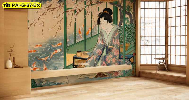 วอลเปเปอร์หญิงสาวญี่ปุ่นท่ามกลางปลาคาร์ป ถ่ายทอดความสงบละมุน สร้างบรรยากาศอบอุ่นแบบเอเชีย