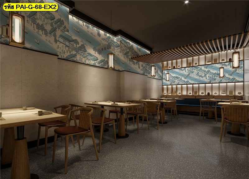 วอลเปเปอร์ตำหนักและทิวทัศน์โบราณ เติมกลิ่นอายเอเชียคลาสสิก ช่วยให้ร้านดูมีเรื่องราวและเป็นเอกลักษณ์