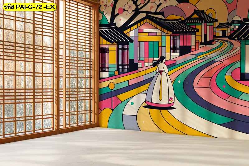 วอลเปเปอร์ศิลปะสีสดลายบ้านดั้งเดิม เติมพลังให้พื้นที่สว่างสดใส พร้อมกลิ่นอายความทันสมัยแบบงานกราฟิก
