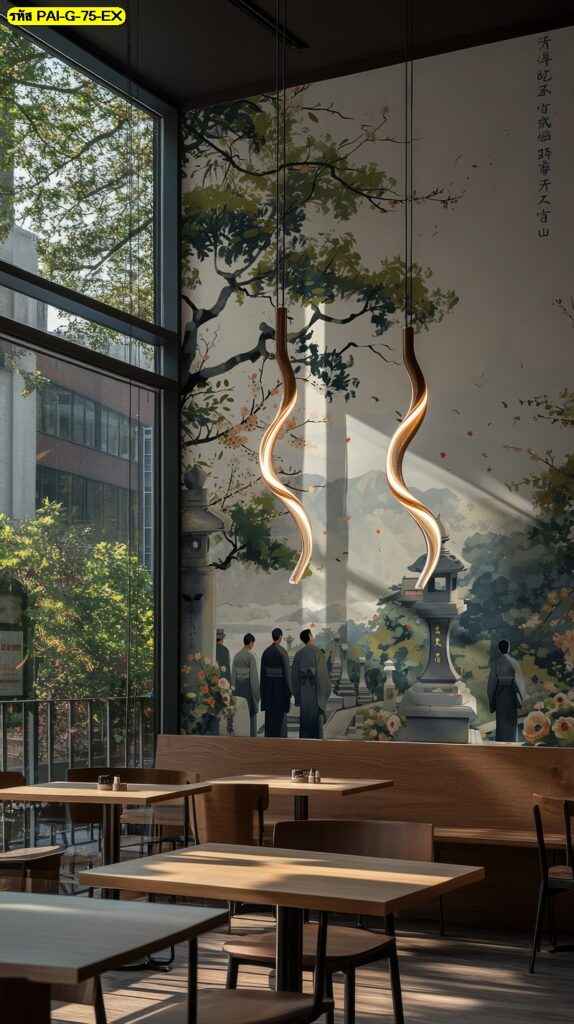 วอลเปเปอร์ฉากสวนเอเชียและตัวละครโทนสงบ ถ่ายทอดบรรยากาศผ่อนคลาย เติมความสบายให้ร้านอย่างลงตัว