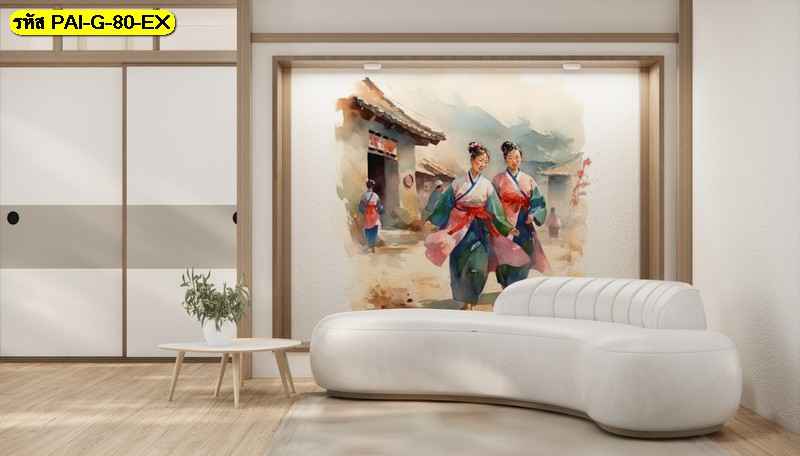 วอลเปเปอร์งานสีน้ำสองหญิงสาว ถ่ายทอดมนต์เสน่ห์วัฒนธรรมและความอ่อนหวานในมุมพักผ่อน