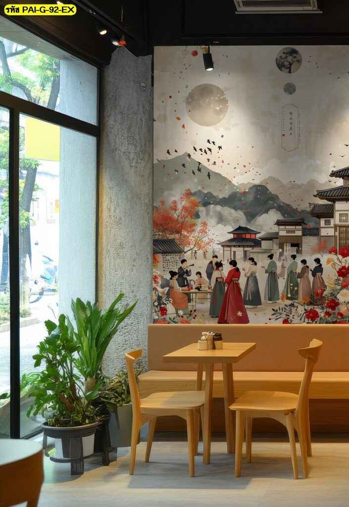 วอลเปเปอร์ฉากเมืองเก่าและผู้คน ให้บรรยากาศอบอุ่นละมุน ช่วยเสริมเสน่ห์ให้ร้านดูมีชีวิตชีวา
