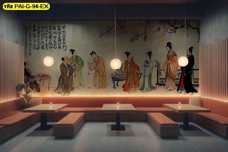 วอลเปเปอร์ฉากบทสนทนาโบราณสร้างอารมณ์สงบและงดงาม ทำให้ร้านดูมีเสน่ห์และเต็มไปด้วยความลุ่มลึก