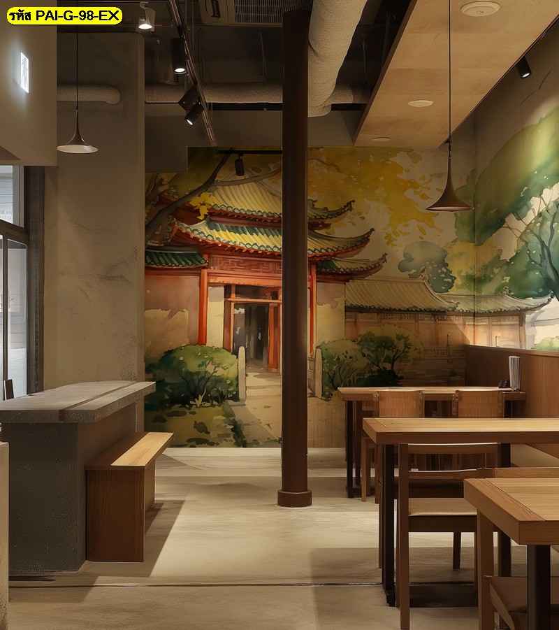 วอลเปเปอร์ทางเดินโบราณสร้างบรรยากาศลุ่มลึกและอบอุ่น ทำให้ร้านดูสงบและเต็มไปด้วยเสน่ห์ศิลป์