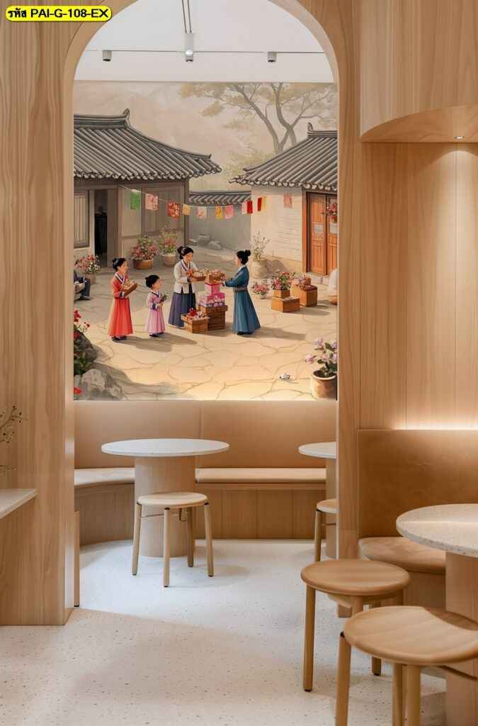 วอลเปเปอร์ฉากบ้านโบราณและผู้คนในวิถีชีวิตเรียบง่าย ถ่ายทอดความอบอุ่นและความเป็นกันเอง ให้ห้องดูมีเรื่องราว