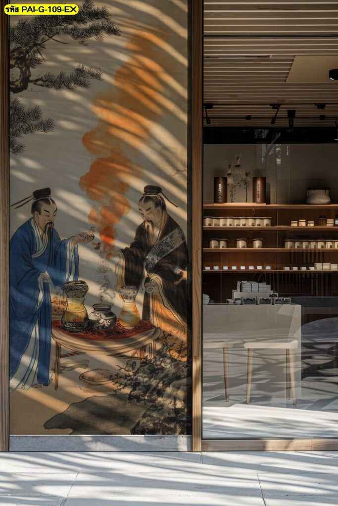 วอลเปเปอร์ฉากบุรุษโบราณชงชา ถ่ายทอดสมาธิและความสงบเชิงศิลป์ แต่งมุมร้านให้มีกลิ่นอายลุ่มลึกและน่ามอง