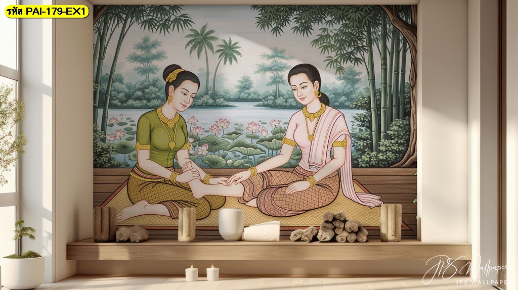 วอลเปเปอร์ลายไทยผสานบรรยากาศริมสระบัว ถ่ายทอดความอ่อนโยนของศาสตร์การนวด สร้างความสงบให้พื้นที่สปา