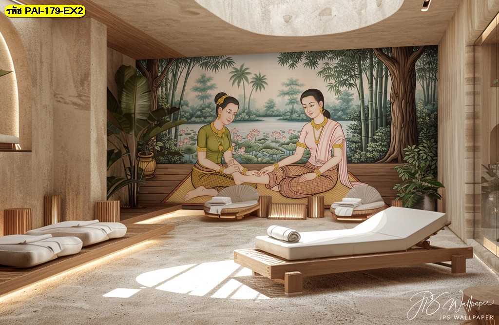 วอลเปเปอร์ลายไทยบรรยากาศริมสระบัว ช่วยเติมความสงบสบาย ผสมกลิ่นอายธรรมชาติให้ห้องสปาดูผ่อนคลายลึกขึ้น
