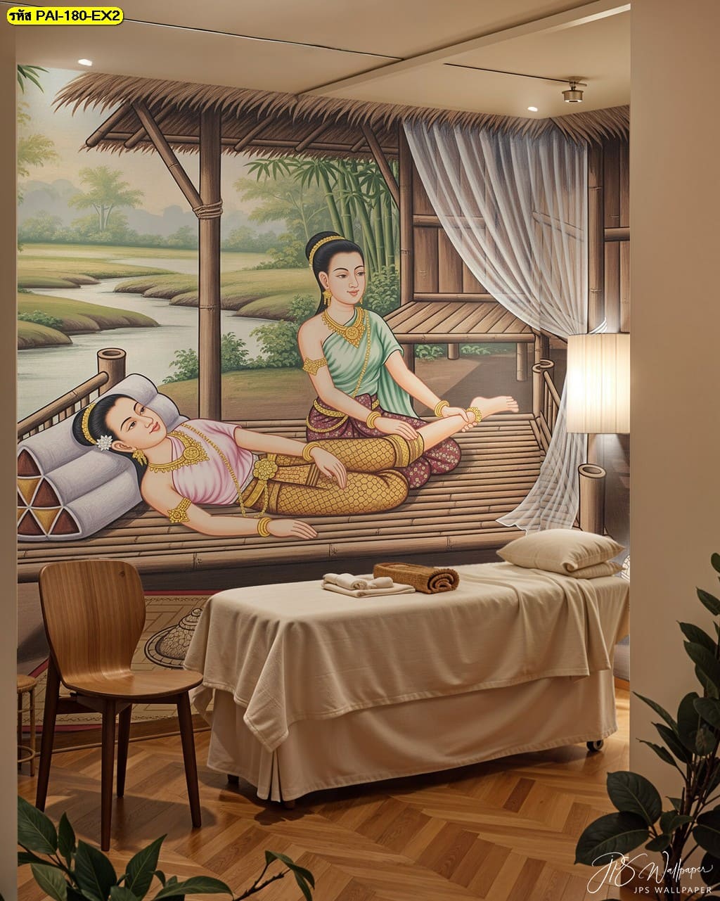 วอลเปเปอร์งานศิลปะไทยโบราณ ถ่ายทอดบรรยากาศริมน้ำและความสงบงาม ให้พื้นที่ผ่อนคลายอย่างละเมียดละไม