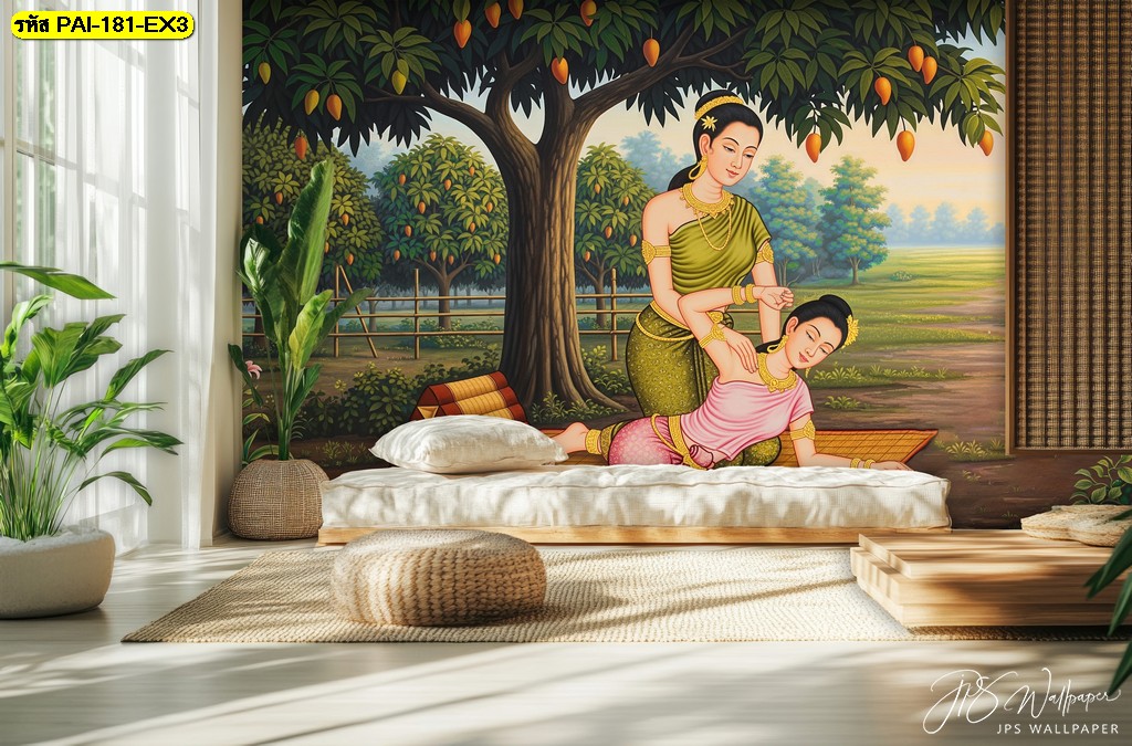 วอลเปเปอร์นวดไทยกลางสวน ถ่ายทอดความผ่อนคลายแบบไทยแท้ ช่วยให้พื้นที่ดูสบายตาและอบอุ่นขึ้น