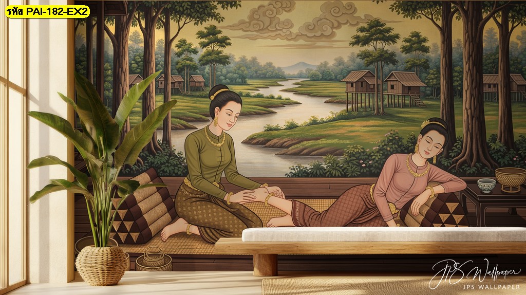 วอลเปเปอร์ศิลปะไทยกลางบ้านริมน้ำ ถ่ายทอดความนิ่งสงบและความอ่อนโยน ให้ห้องดูอบอุ่นเป็นธรรมชาติ