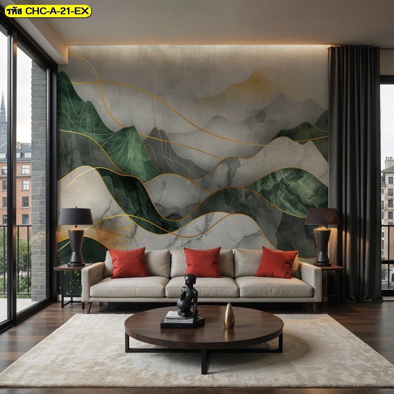 เสพงานศิลป์ผ่านผนังบ้าน วอลเปเปอร์ ลายเส้นภูเขาแอบสแตรกต์สีเขียวเหนี่ยวทรัพย์ เท่และมีสไตล์