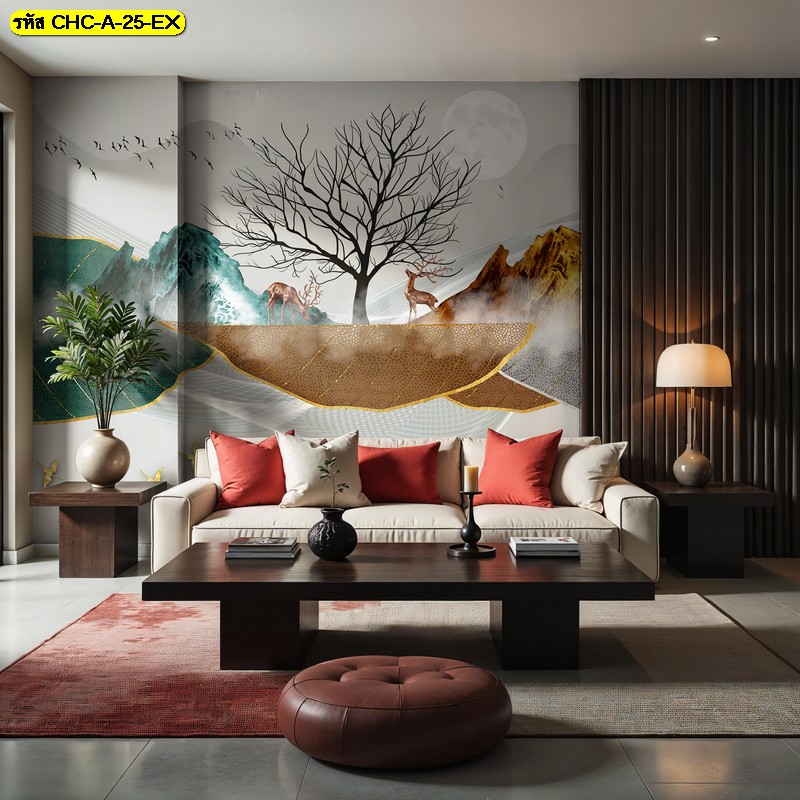 สงบและงดงามในแบบ Zen วอลเปเปอร์ ลายเงาไม้ใหญ่และกวางคู่ ท่ามกลางขุนเขาแห่งความมั่นคง