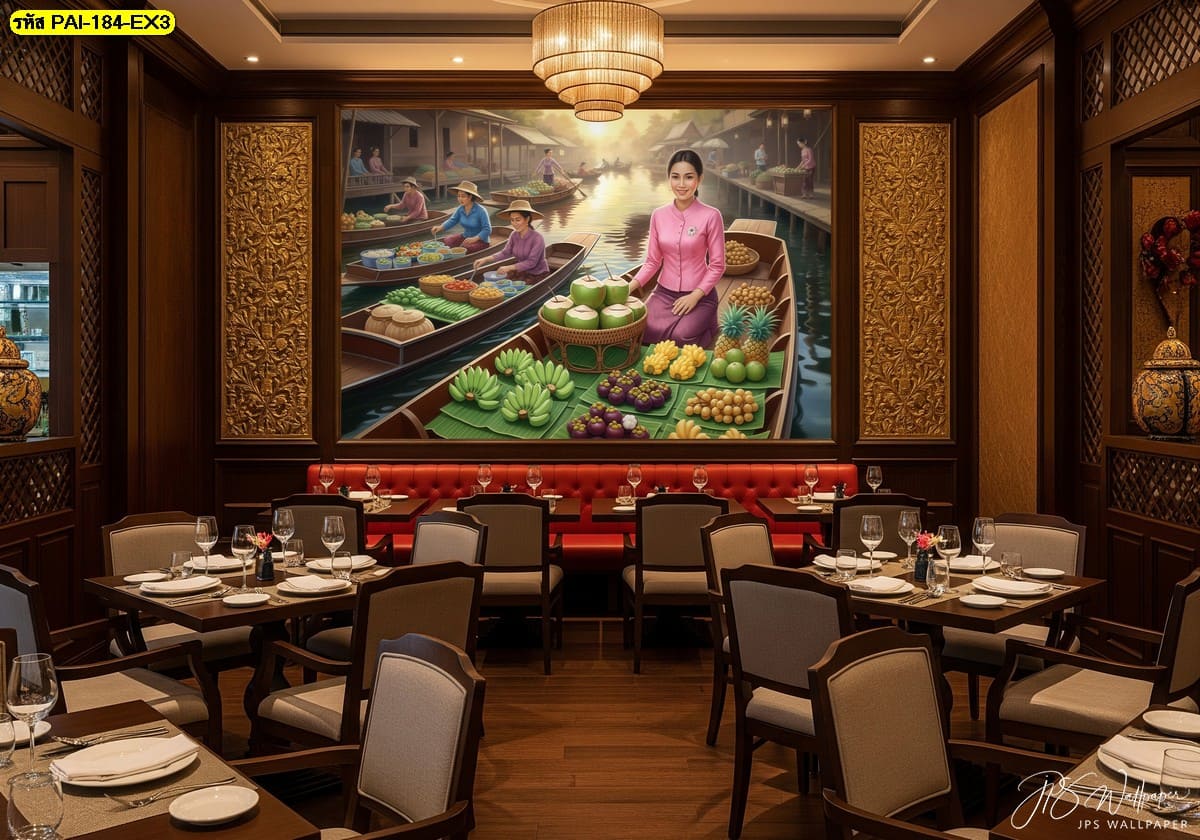 วอลเปเปอร์ตลาดน้ำในโทนหรูเข้ม บอกเล่าอัตลักษณ์ไทยผ่านศิลปะ ช่วยเพิ่มมิติให้ห้องอาหารแบบคลาสสิก
