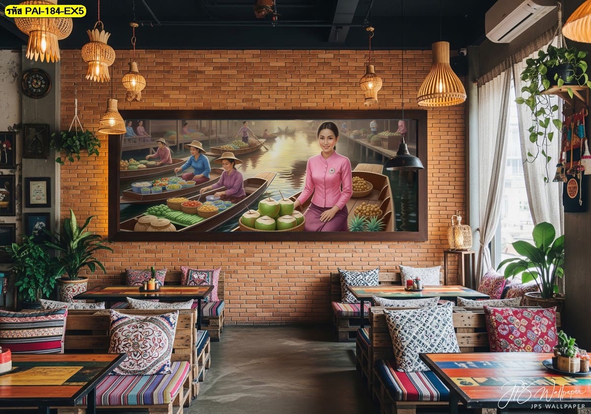 วอลเปเปอร์ฉากตลาดน้ำสไตล์ศิลปะไทยร่วมสมัย ถ่ายทอดบรรยากาศอบอุ่นของวิถีเรือในมุมมองงดงาม