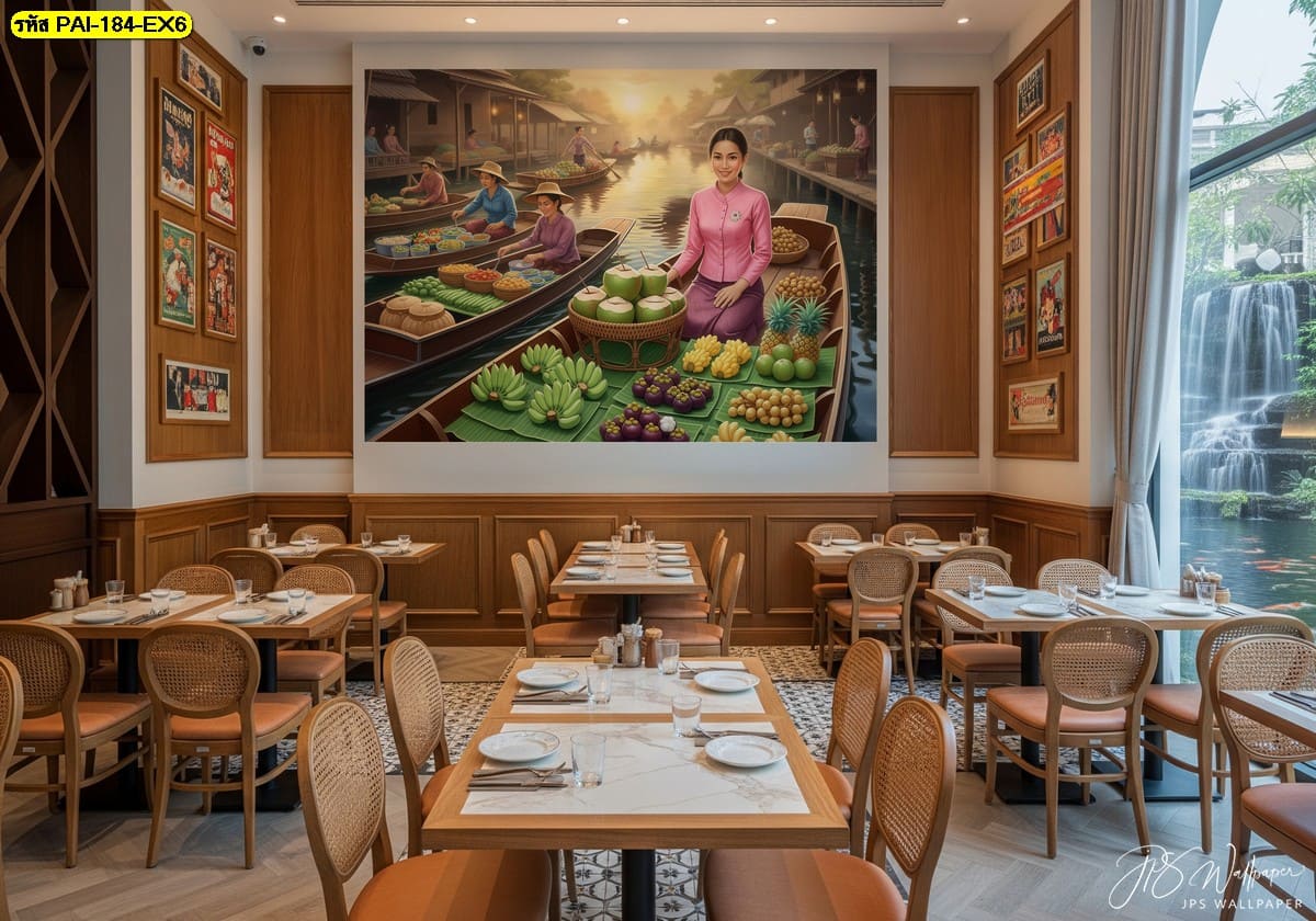 วอลเปเปอร์ฉากตลาดน้ำโทนอบอุ่น ถ่ายทอดวิถีเรือไทยอย่างประณีต เพิ่มความลงตัวให้กับห้องอาหารสวยเรียบ