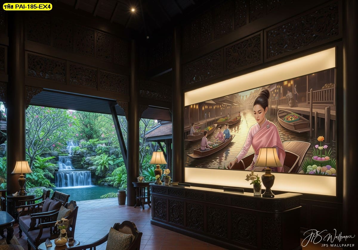 วอลเปเปอร์ตลาดน้ำโทนอุ่น ผสานสถาปัตยกรรมไทยร่วมสมัย เสริมบรรยากาศให้โถงรับรองดูงดงามและมีเอกลักษณ์