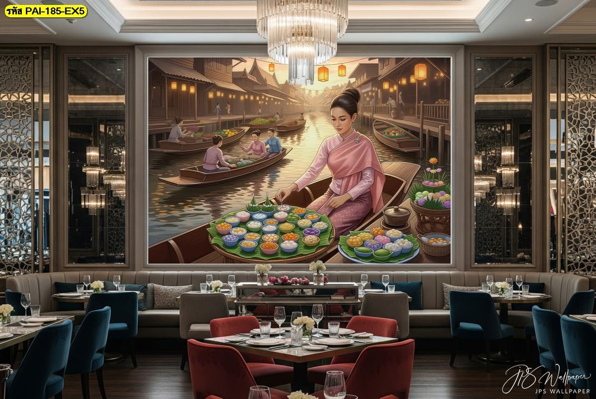 วอลเปเปอร์ฉากตลาดน้ำแสงเย็น ถ่ายทอดเสน่ห์ขนมพื้นถิ่นอย่างละเมียด เพิ่มบรรยากาศหรูอบอุ่นให้ห้องอาหาร