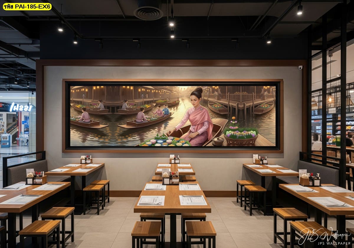 วอลเปเปอร์ตลาดน้ำในโทนนุ่ม สะท้อนเสน่ห์ขนมไทยหลากสี เสริมบรรยากาศอบอุ่นให้ร้านอาหารสไตล์โมเดิร์น