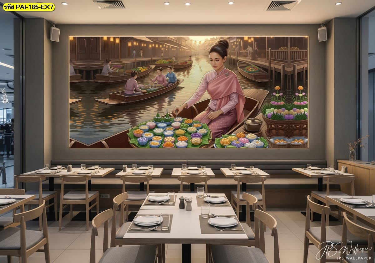 วอลเปเปอร์ตลาดน้ำสีอบอุ่น ถ่ายทอดเสน่ห์ขนมพื้นถิ่นอย่างประณีต เติมชีวิตชีวาให้ร้านอาหารดูทันสมัย