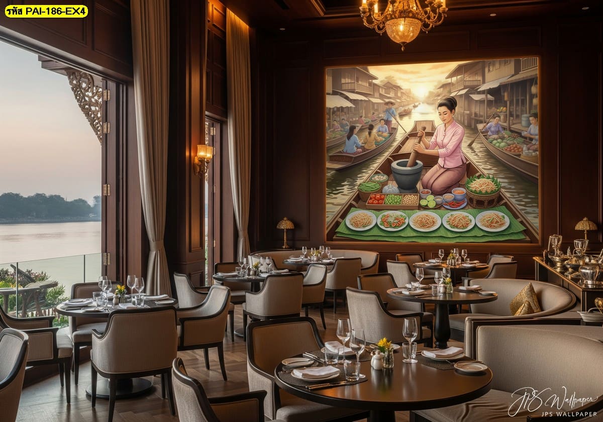 วอลเปเปอร์บรรยากาศตลาดน้ำโทนอุ่น ถ่ายทอดเสน่ห์เมนูพื้นถิ่น เพิ่มความหรูแบบไทยให้ห้องอาหารอย่างกลมกลืน