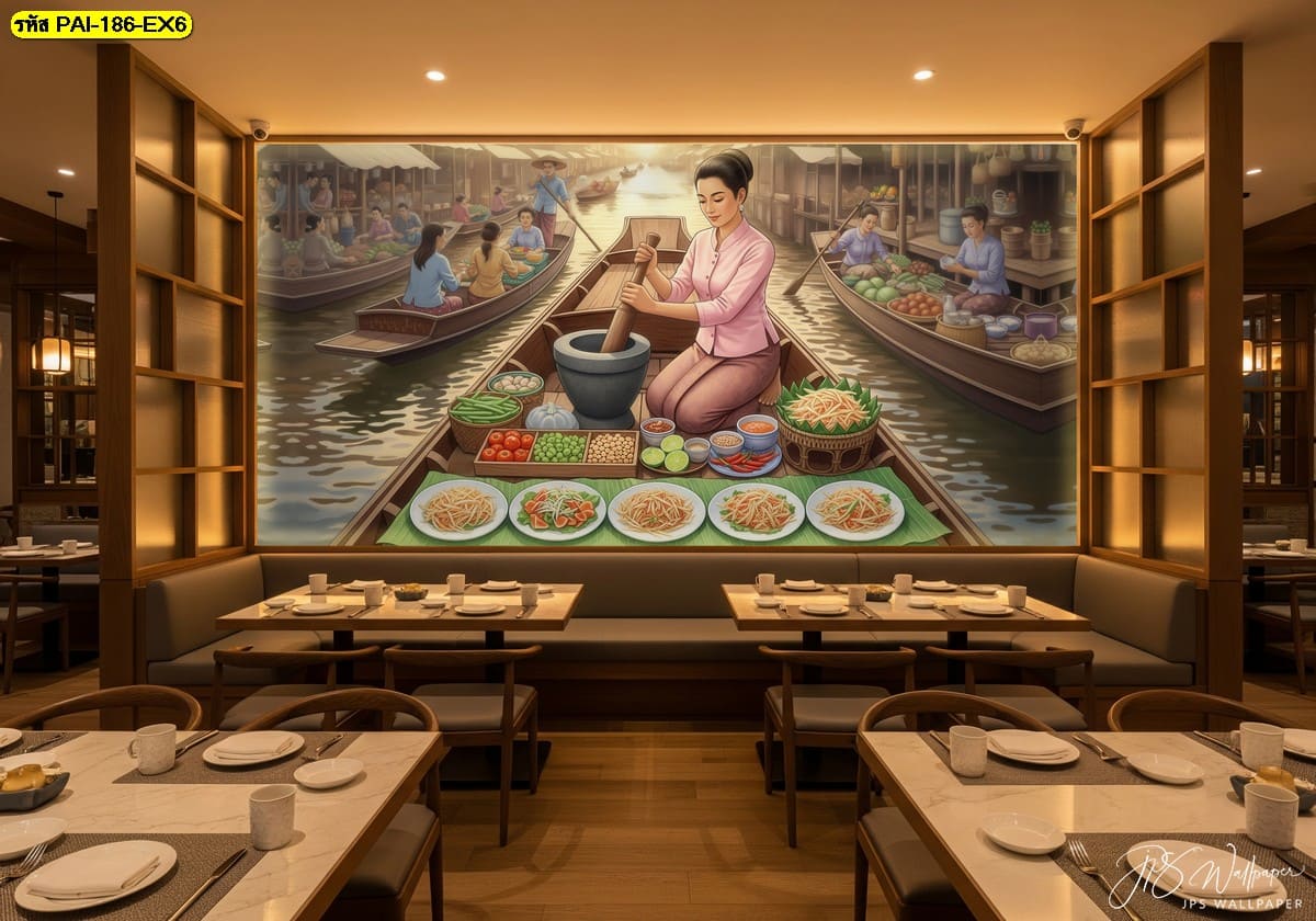 วอลเปเปอร์บรรยากาศตลาดน้ำ ถ่ายทอดเสน่ห์อาหารไทยและวิถีเรือ สร้างอารมณ์อบอุ่นและดึงดูดสายตา