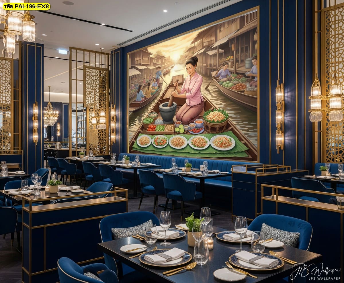 วอลเปเปอร์ตลาดน้ำลายเส้นหรู สะท้อนเสน่ห์อาหารไทยแบบประณีต เติมมิติให้พื้นที่ห้องอาหารอย่างสง่างาม