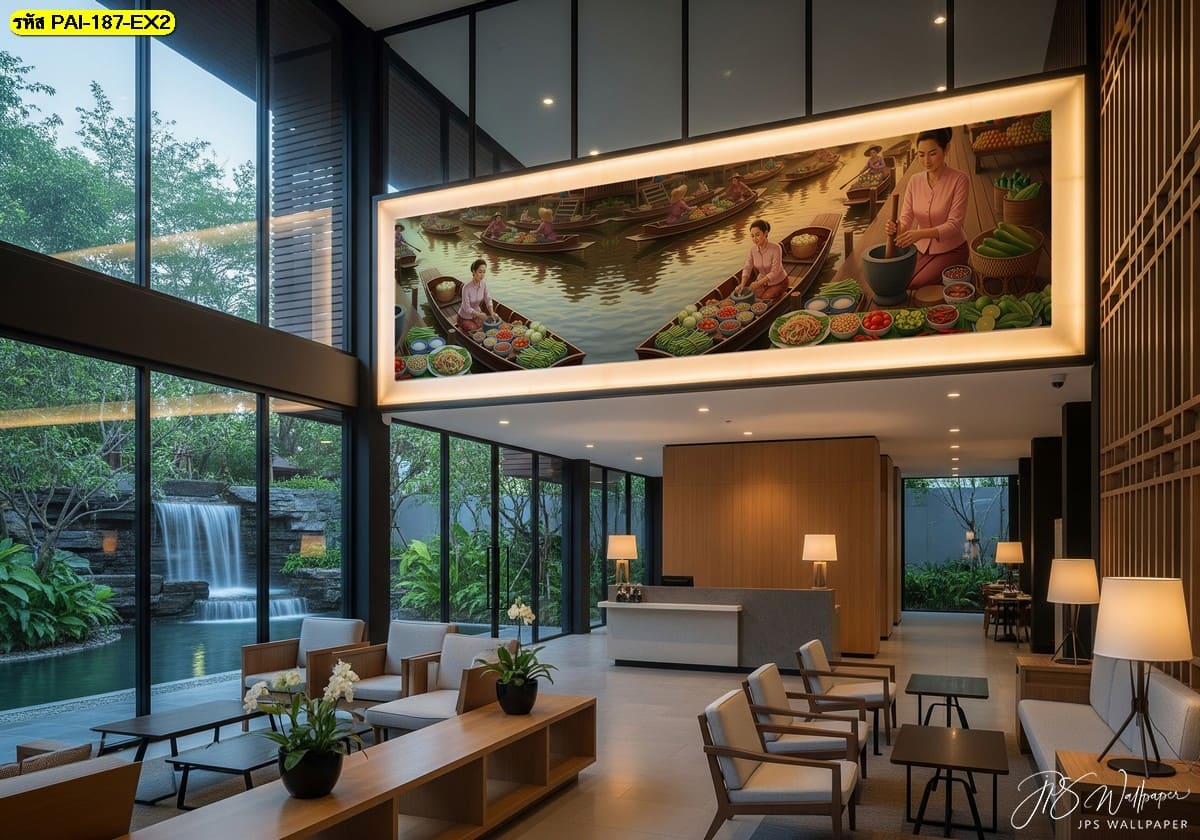 วอลเปเปอร์ฉากตลาดน้ำสวยละมุน ช่วยเติมชีวิตชีวาให้ล็อบบี้และเล่าเรื่องราววัฒนธรรมไทยอย่างสง่างาม