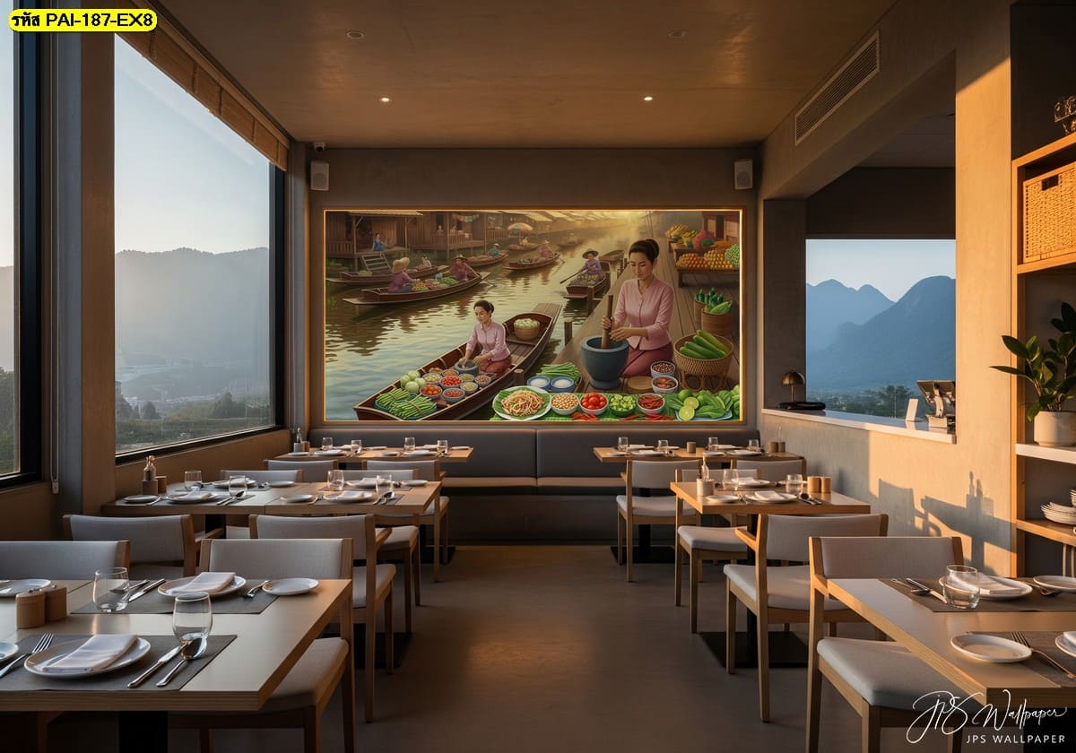 วอลเปเปอร์บรรยากาศตลาดน้ำแนวศิลป์ เติมความละมุนให้ร้าน พร้อมโทนแสงเย็นที่ดูสบายตา