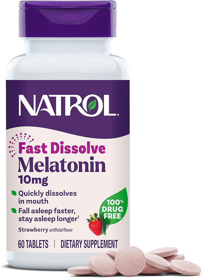 Natrol Melatonin 10 Mg Fast Dissolve Tablets, 60 เม็ด รส Strawberry Flavor ของแท้จากอเมริกา แพคเกจใหม่ 2025 วิตามินเมลาโทนิน สูตรเข้มข้น 10 mg. สำหรับคนหลับยาก แบบเม็ดอมสะดวกทานง่าย รสสตรอเบอร์รี่แสนอร่อย แค่อมให้ละลายในปาก ไม่จำเป็นต้องดื่มน้ำตาม มีคุณส