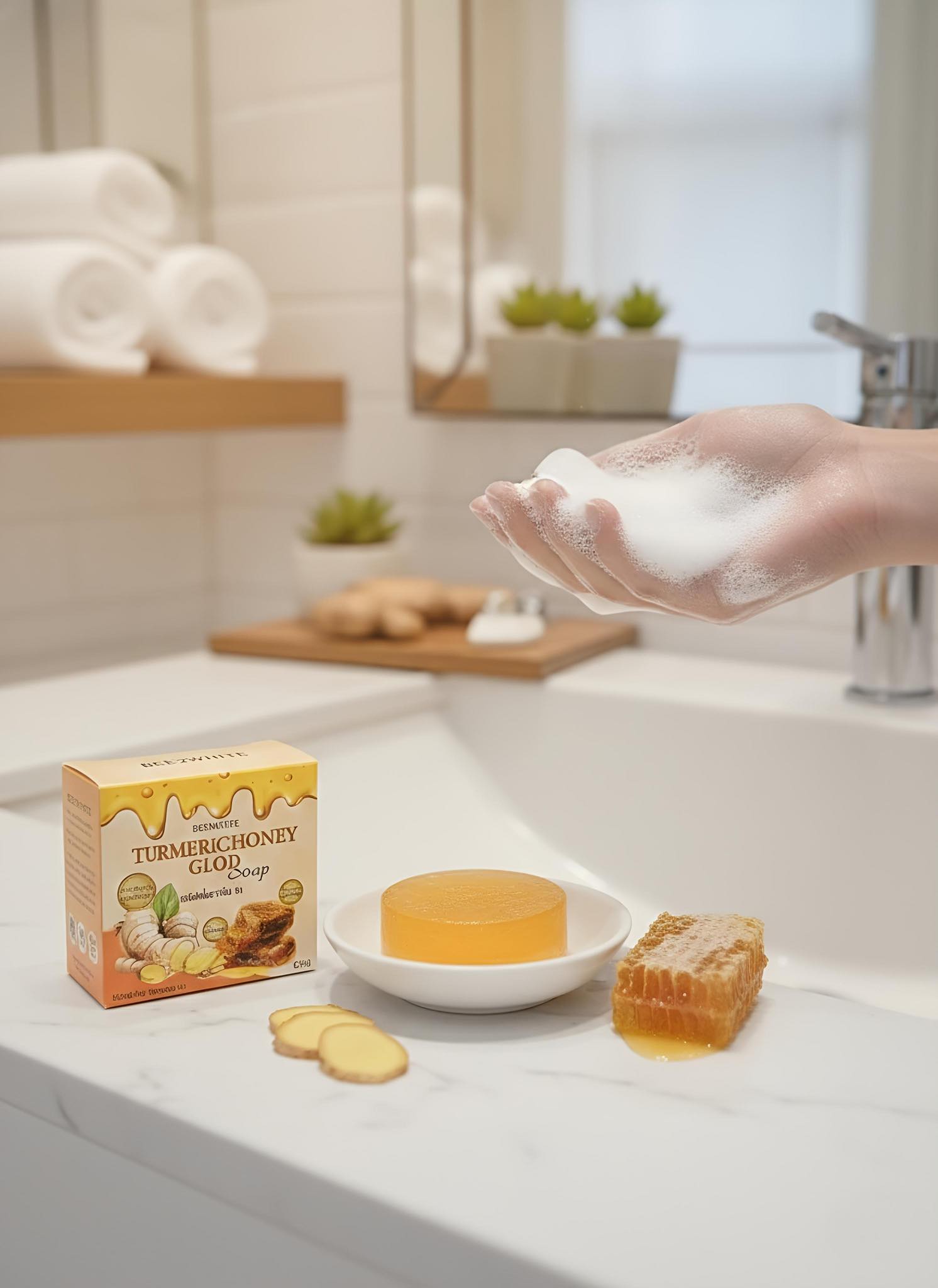 สบู่น้ำผึ้ง ขมิ้นทองคำ Bee2white Termeric Honey Soap ( ขนาด 65g. )  ลดสิว ฝ้า กระจุด ด่างดำ ผิวนุ่ม สะอาดใส