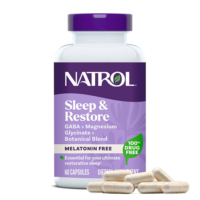 Natrol Sleep & Restore Gaba + Magnesium Glycinate + Botanical Blend Melatonin Free 60 Capsules นอนหลับสบายด้วยพลังการผ่อนคลายจาก Magnesium Glycinate และ GABA สูตรพิเศษจาก Natrol ที่ออกแบบมาเพื่อผู้ที่ต้องการพักผ่อนอย่างเต็มคุณภาพ โดยไม่พึ่งเมลาโทนิน