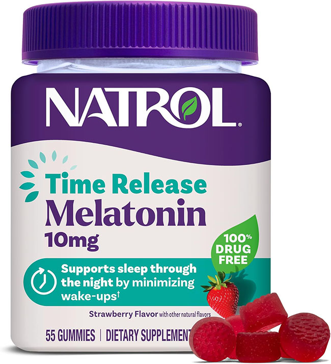 Natrol Time Release Melatonin Gummies 10 mg. 55 Gummies Strawberry Flavor วิตามินเมลาโทนินแบบกัมมี่ รสสตรอเบอร์รี่ รุ่น Time Releaseสูตรดูดซึมได้ดียิ่งขึ้น ให้ผลดียิ่งขึ้นแตกต่างจากรุ่นอื่นคือ จะมีสารเคลือบอยู่บนผิวนอก เพื่อให้วิตามินละลายออกมาอย่างช้าๆ แ