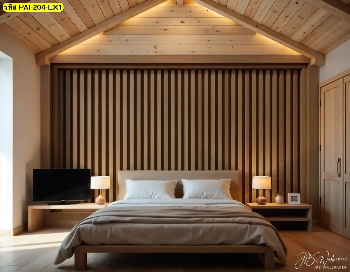 วอลเปเปอร์ลายไม้แนวตั้งสไตล์มินิมอล สื่อความอบอุ่น เรียบหรู เติมมิติผนังห้องนอนอย่างลงตัว