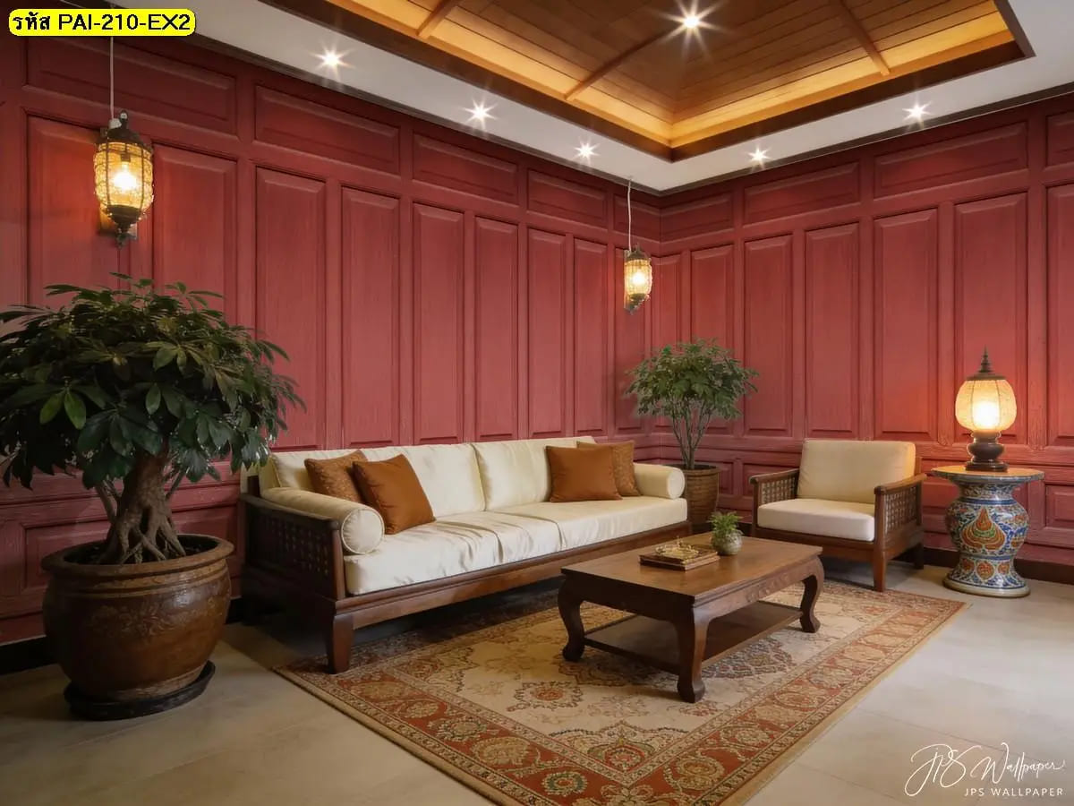วอลเปเปอร์สั่งพิมพ์ลายกรุไม้สีแดง ภาพติดผนังช่วยยกระดับห้องรับแขกให้หรูและโดดเด่น