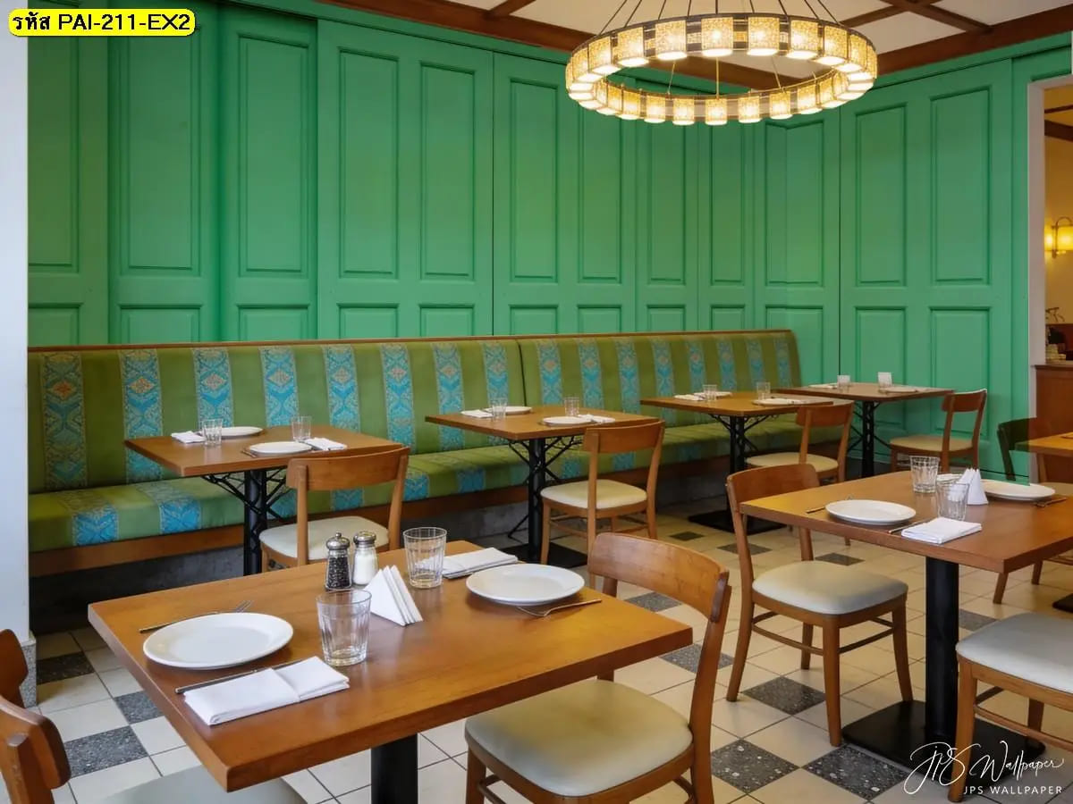 วอลเปเปอร์สั่งพิมพ์ผนังสีเขียว ภาพแต่งห้องช่วยสร้างบรรยากาศร้านอาหารให้สดชื่นและทันสมัย