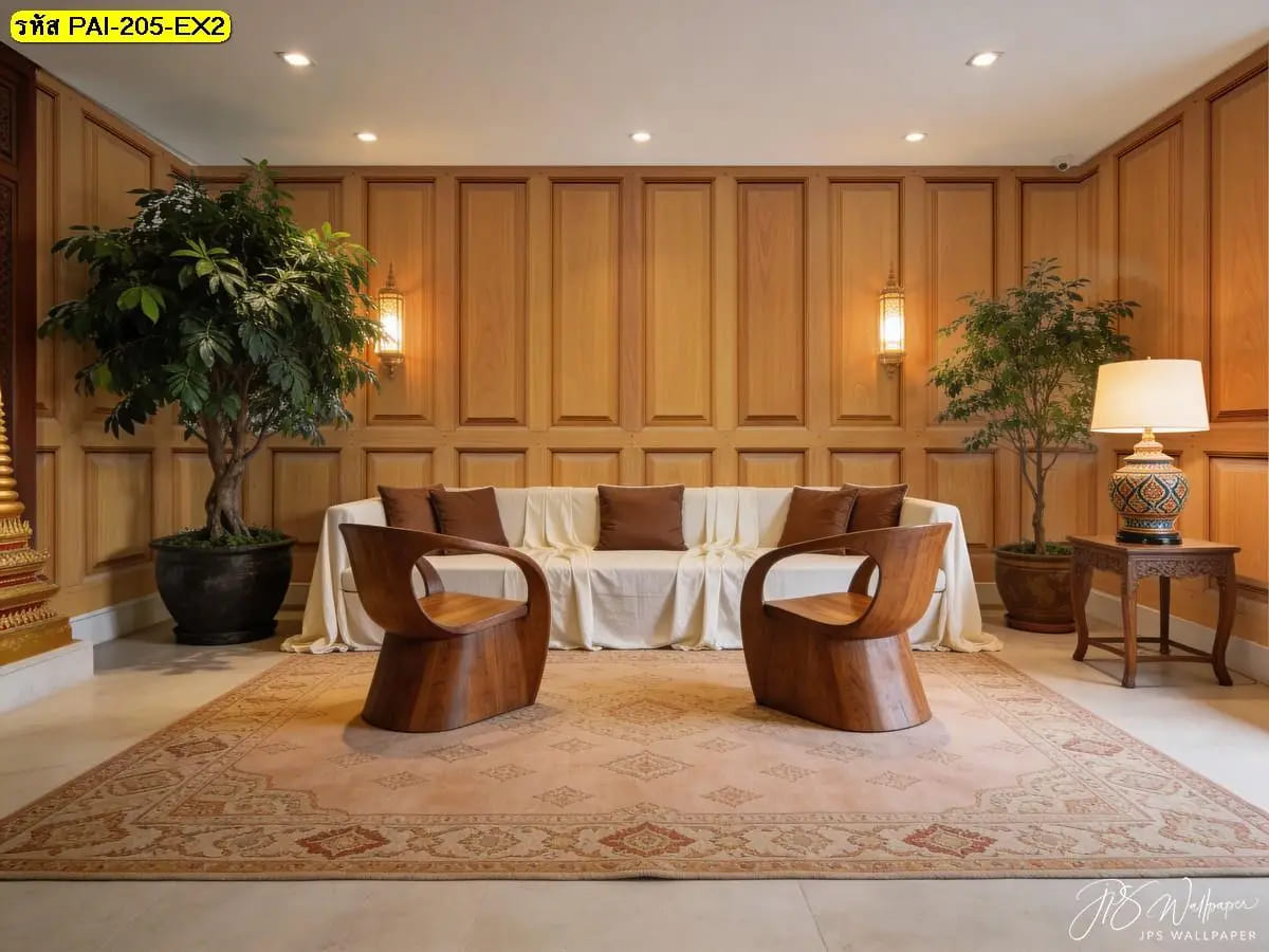 วอลเปเปอร์สั่งพิมพ์ลายกรุไม้โทนอุ่น ภาพติดผนังช่วยเติมเต็มห้องนั่งเล่นให้ดูสมดุลและอบอุ่น