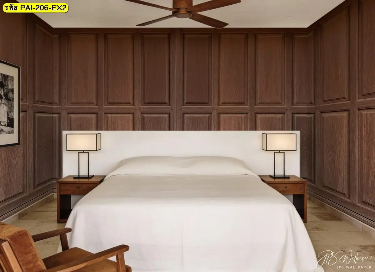 วอลเปเปอร์สั่งพิมพ์ลายกรุไม้เข้ม ภาพติดผนังช่วยสร้างห้องนอนเรียบหรู ดูเป็นระเบียบและน่าพักผ่อน