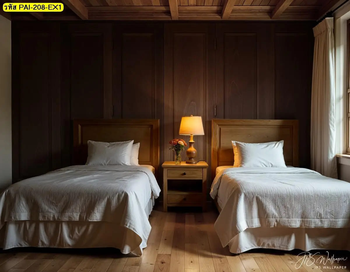 วอลเปเปอร์สั่งพิมพ์ลายไม้โทนเข้ม ภาพแต่งห้องช่วยสร้างบรรยากาศอบอุ่นในห้องนอนคู่