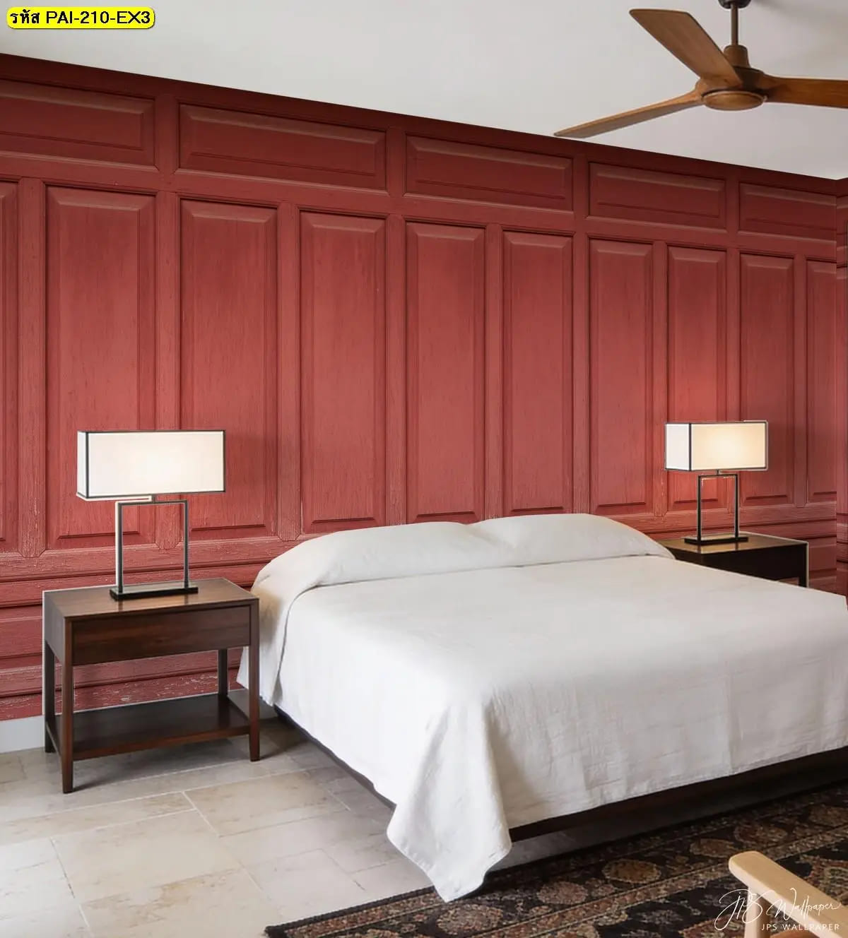 วอลเปเปอร์สั่งพิมพ์ลายกรุไม้สีแดง ภาพติดผนังช่วยเพิ่มความหรูและความโดดเด่นให้ห้องนอน
