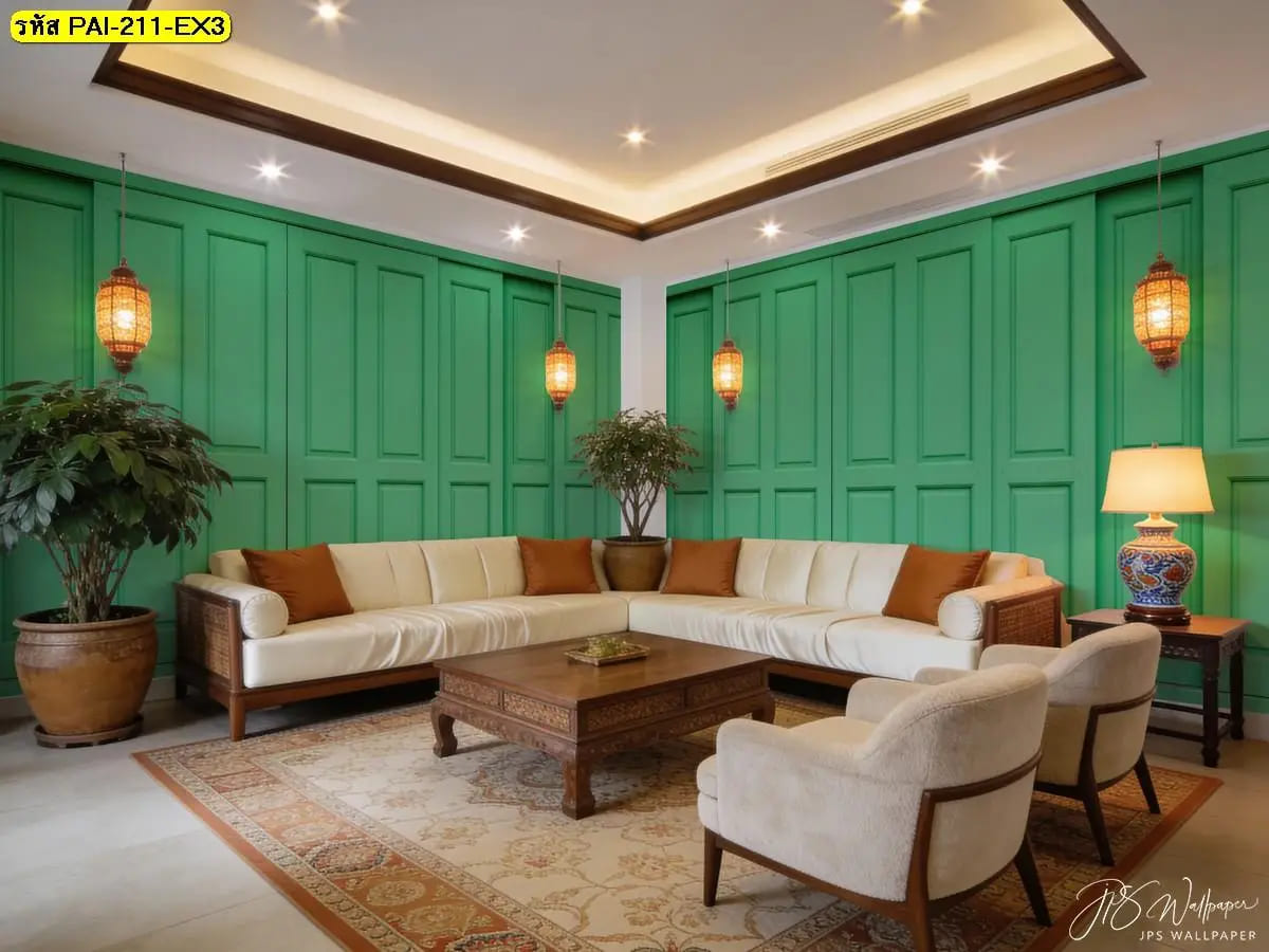 วอลเปเปอร์สั่งพิมพ์ผนังสีเขียว ภาพติดผนังช่วยสร้างห้องรับแขกสดชื่น ดูโปร่งและมีสไตล์