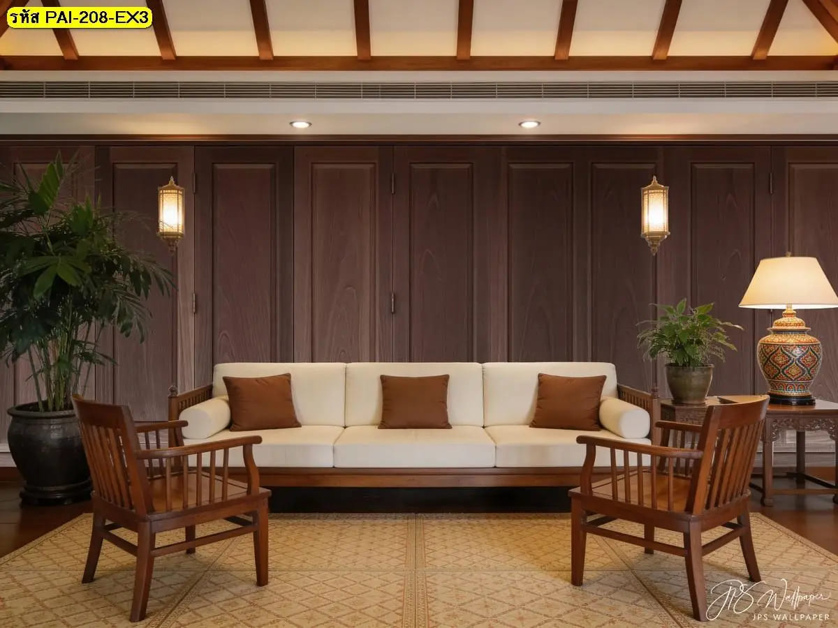 วอลเปเปอร์สั่งพิมพ์ลายไม้โทนเข้ม ภาพติดผนังช่วยสร้างห้องรับแขกอบอุ่น ดูเรียบหรูมีระดับ