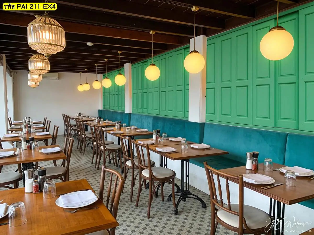 วอลเปเปอร์สั่งพิมพ์ผนังสีเขียว ภาพแต่งห้องช่วยสร้างบรรยากาศร้านอาหารให้สดชื่นและน่าใช้งาน