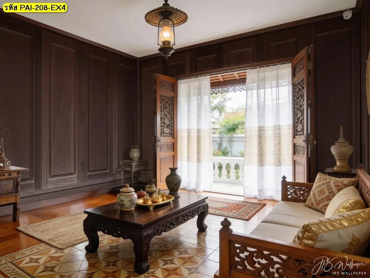 วอลเปเปอร์ลายไม้โทนเข้มสั่งพิมพ์ ภาพติดผนังช่วยสร้างบรรยากาศไทยร่วมสมัยและอบอุ่น