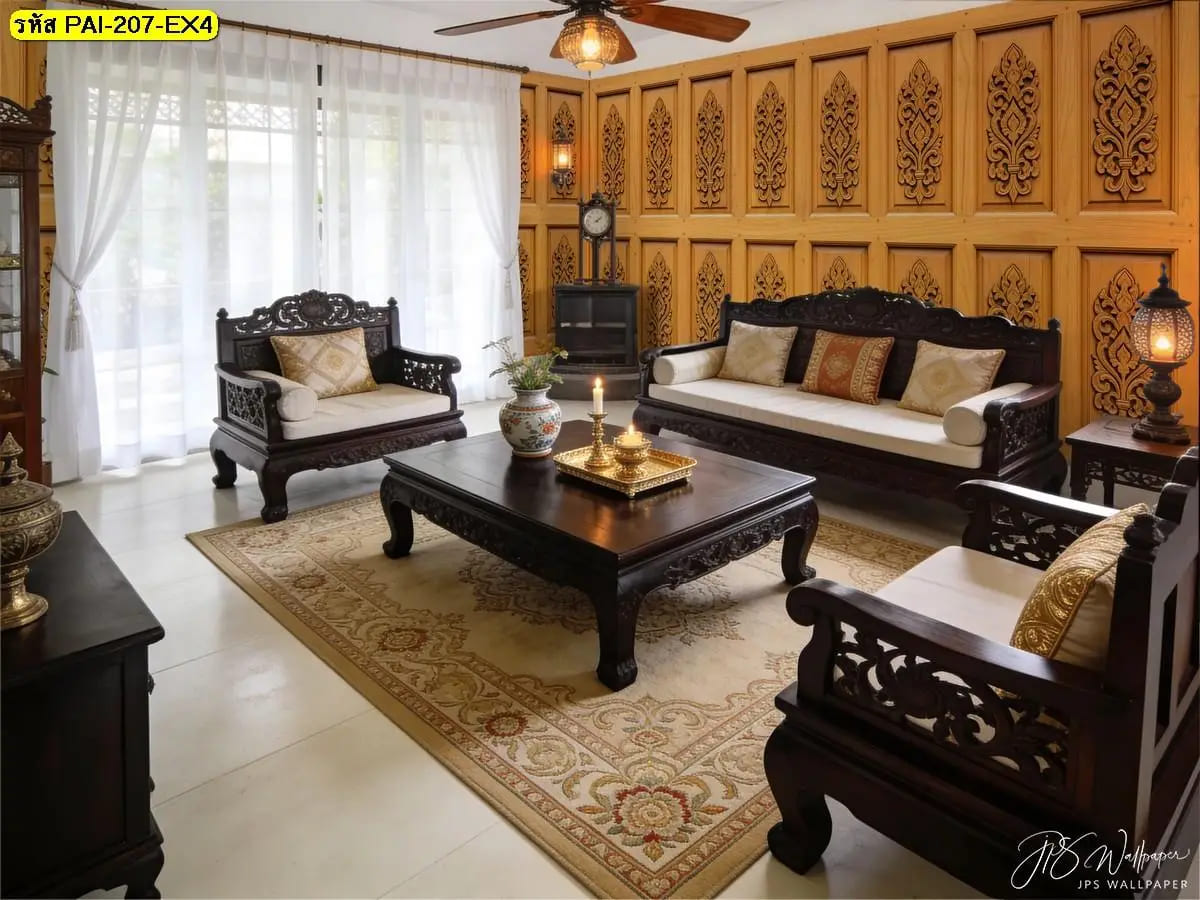 วอลเปเปอร์ลายไทยแกะสลักสั่งพิมพ์ ภาพติดผนังห้องรับแขกเพิ่มความหรูแบบไทยคลาสสิก
